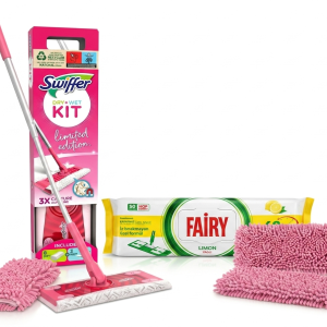 Набір для ідеального прибирання: Швабра Swiffer Dry+Wet (Pink Limited Edition) + Вологі серветки Fairy (50 шт.) + Багаторазова насадка-мікрофібра