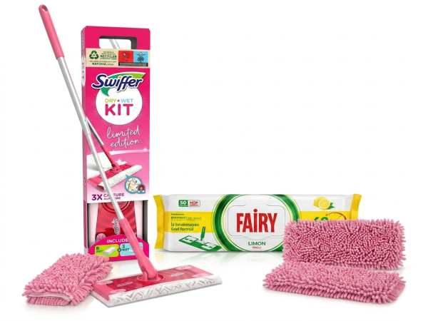 Набір для ідеального прибирання: Швабра Swiffer Dry+Wet (Pink Limited Edition) + Вологі серветки Fairy (50 шт.) + Багаторазова насадка-мікрофібра