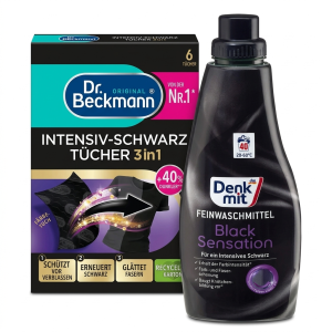 Набір для бездоганного чорного: Гель для прання Denkmit Black Sensation + Серветки для відновлення чорного кольору Dr. Beckmann 3-в-1