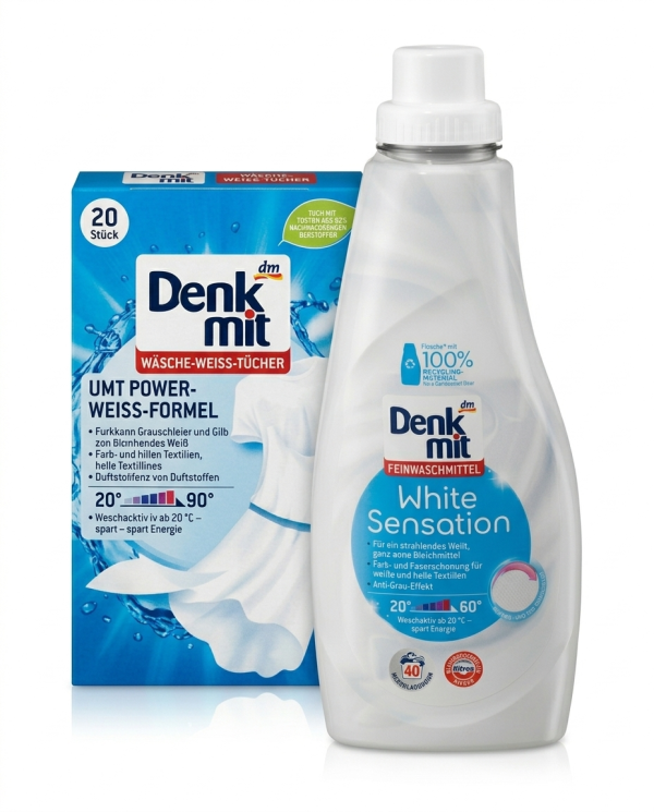 Набір для бездоганної білизни: Рідкий гель для прання Denkmit White Sensation + Серветки для збереження білого кольору Denkmit